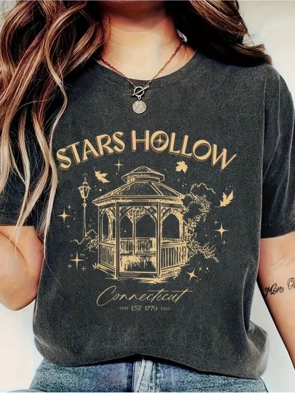 Stars Hollow Connecticut Graphic Tee - Sark Gray with Gold Print